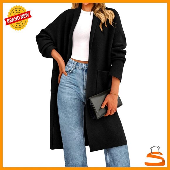 Sweaters - Oversized Long Sleeve Cardigan Chunky Knit Open Front Lapel Collar Trendy